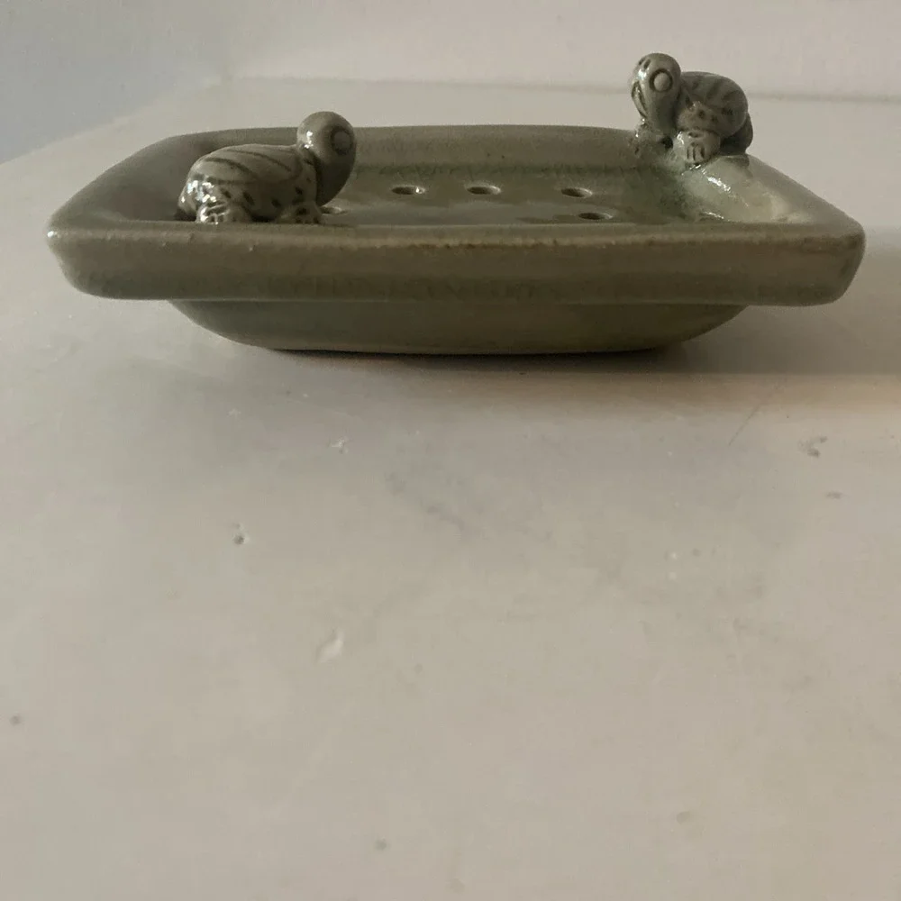 Whimisical Sage Green Soap Dish With Drain Holes Turtles Glazed Pottey